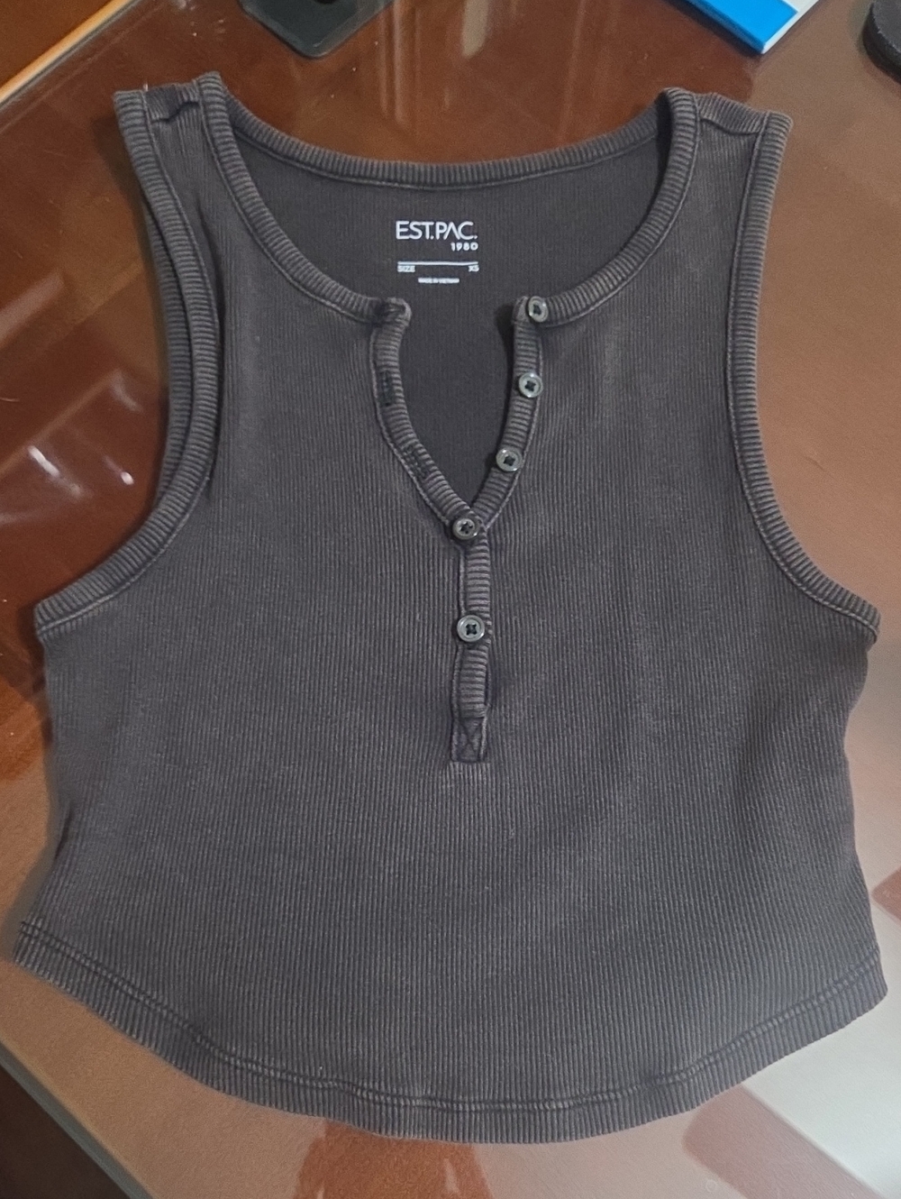 EST.PAC Ribbed Henley Tank Top in Washed Black